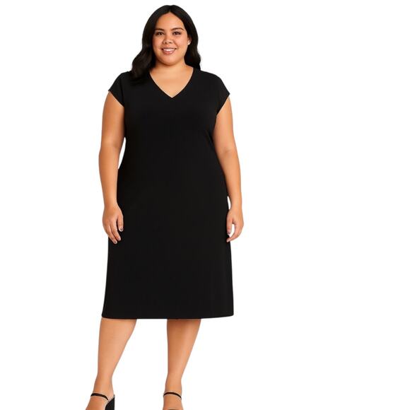 Chico’s Travelers Black Midi Dress Size 3 Stretch Slinky Shift Cap Sleeve - Picture 1 of 7